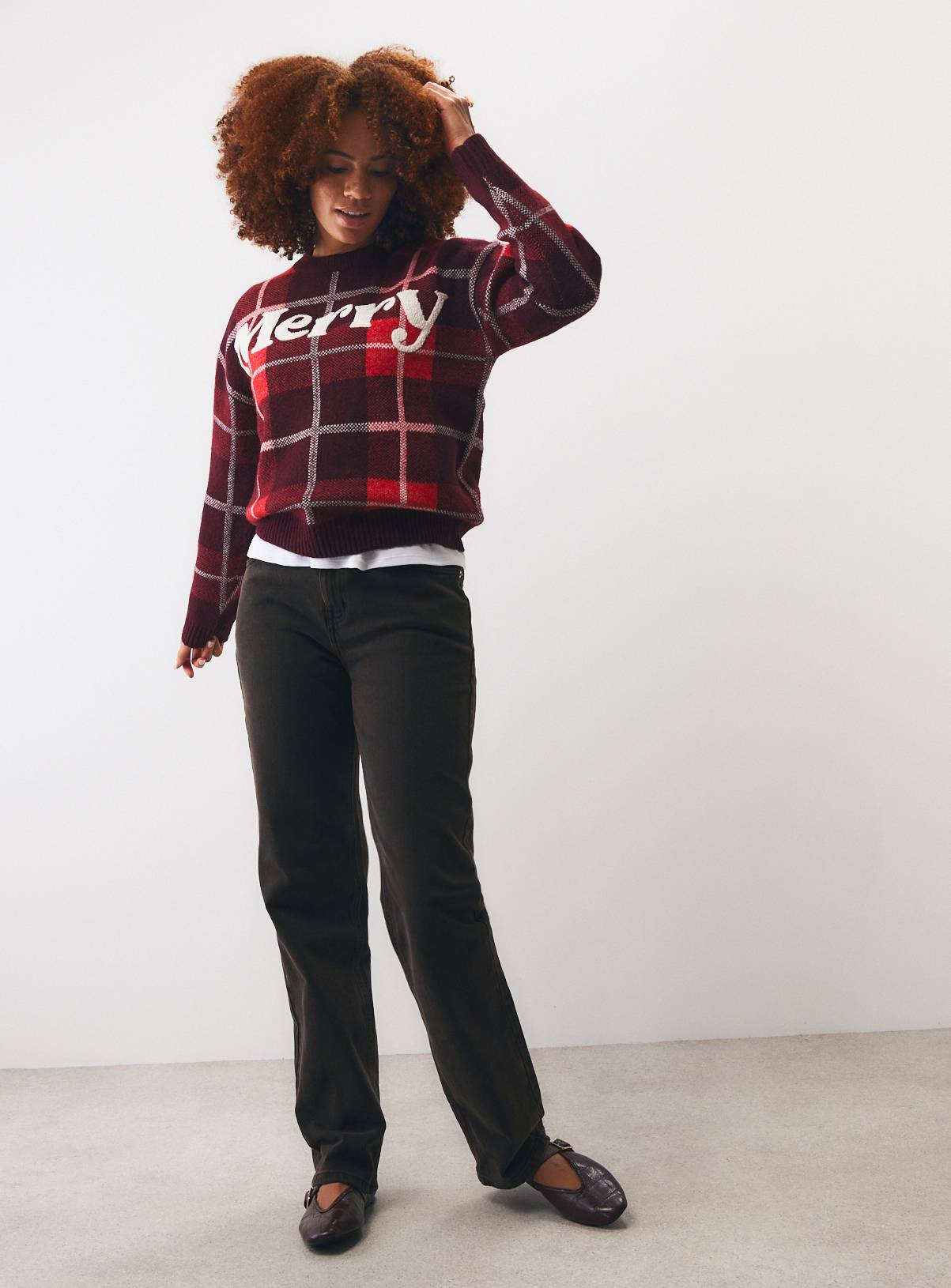 Family Matching Women's Red Tartan Merry Slogan Jumper L - Image 2